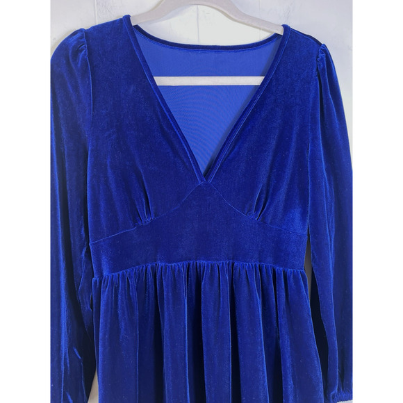 Halara Everyday Deep V-Neck Long Sleeve Velvet Mini Chill Dress Size M Blue New - Picture 6 of 10